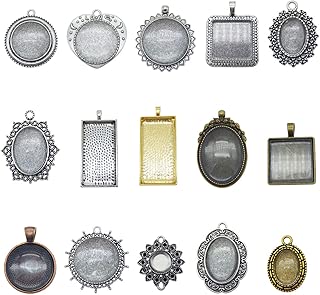 Mixed Color Metal Round Bezel Pendant Tray Settings w (15 bezels with Glass cabochon Rectangle) - coolthings.us