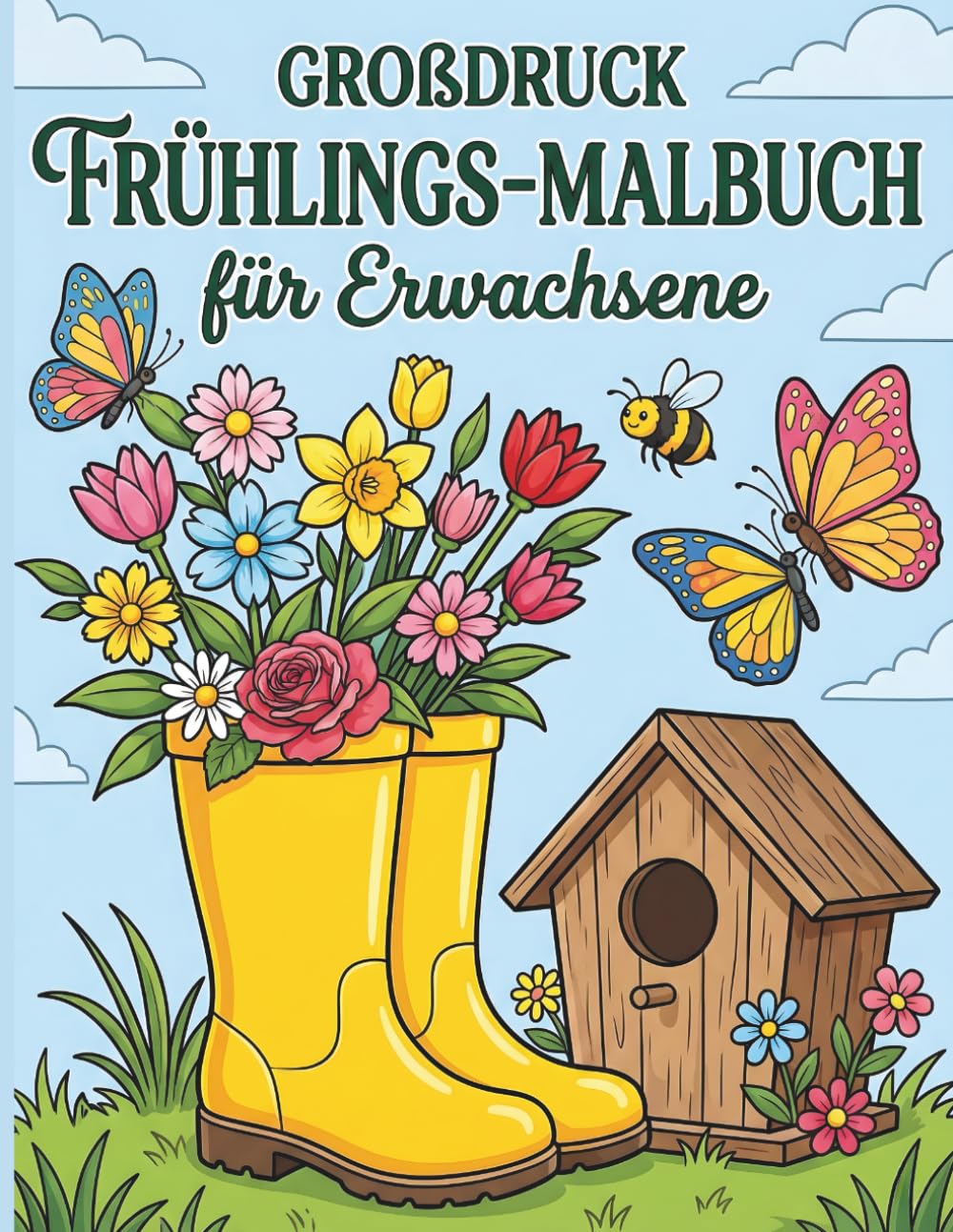 Großdruck Frühlings-Malbuch für Erwachsene: 50 einfache Motive mit extra dicken Linien zur Entspannung. Zauberhafte Blumen, süße Tiere und gemütliche Frühlingsszenen für Senioren und Anfänger.