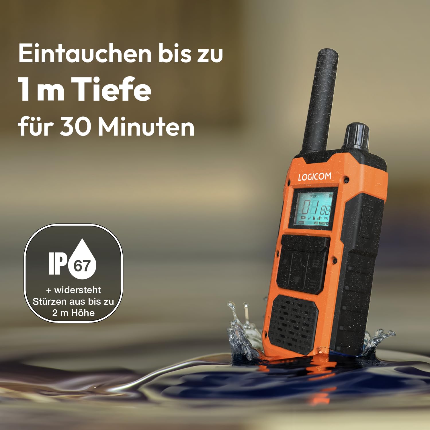 Logicom Extreme - Walkie-Talkie - PMR446 - Portata 10 km - Autonomia 36h - IP67-16 canali - Schermo LCD - USB-C Torcia - VOX Vivavoce - Audio Jack - Batteria 2000 mAh - Confezione da 2 radio