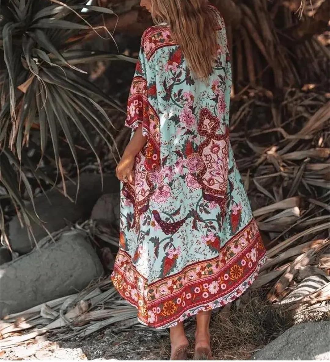 Bikini da donna con stampa a pipistrello, stile bohémien, kimono con scollo a V