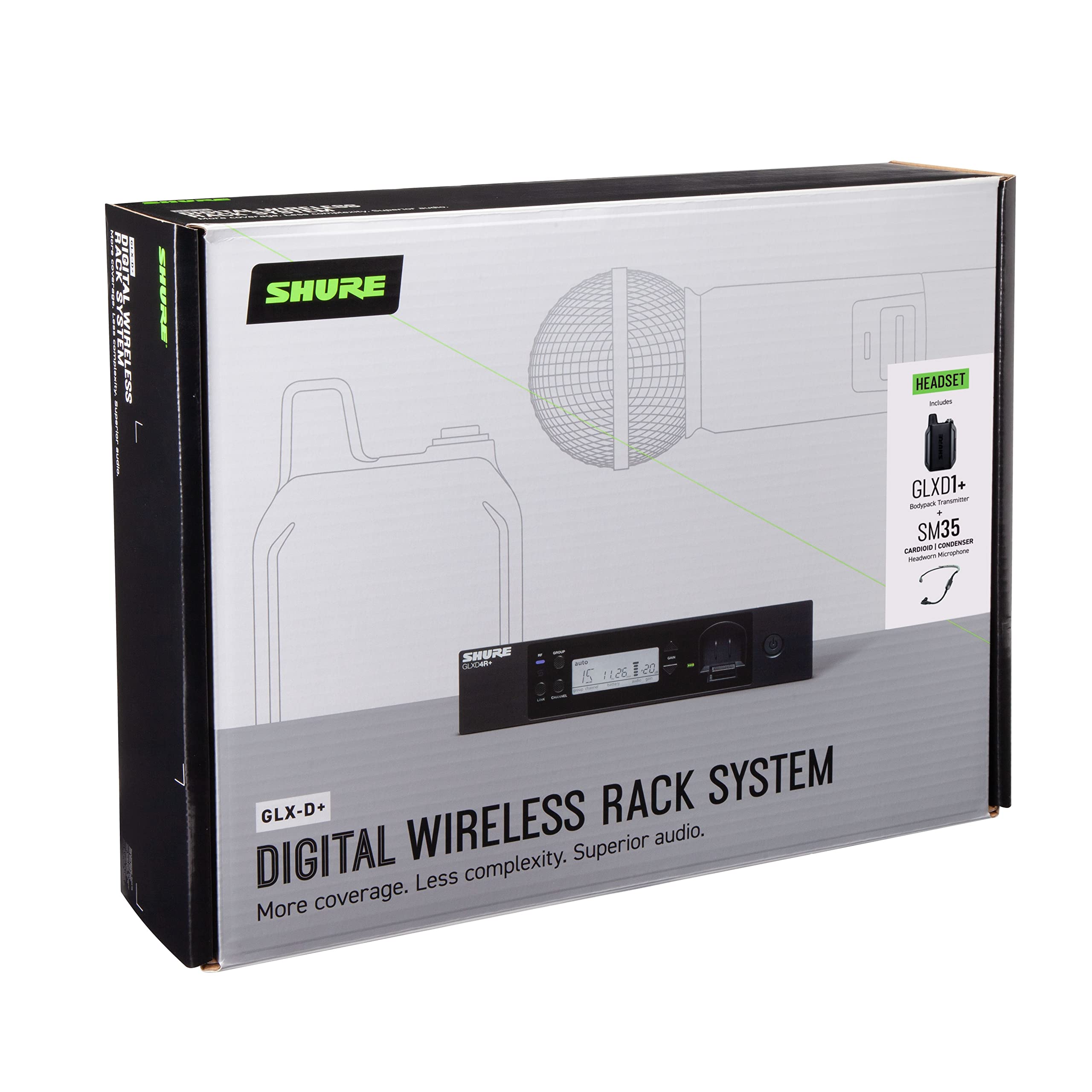 Shure GLXD14R+/SM35 Dual Band Pro Digital Wireless Mikrofonsystem - 12-Stunden Akkulaufzeit, 30m Reichweite | SM35 Headset-Mikrofon, Einzelkanal-Rack-Mount-Empfänger.