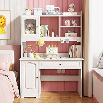 Study Desk with Hutch & Bookshelf & Drawers,Cute Wooden Computer Desk Home Office Desk Teenager Writing Table Bookshelf Combo for Girl Boy100cm/39.4", White
