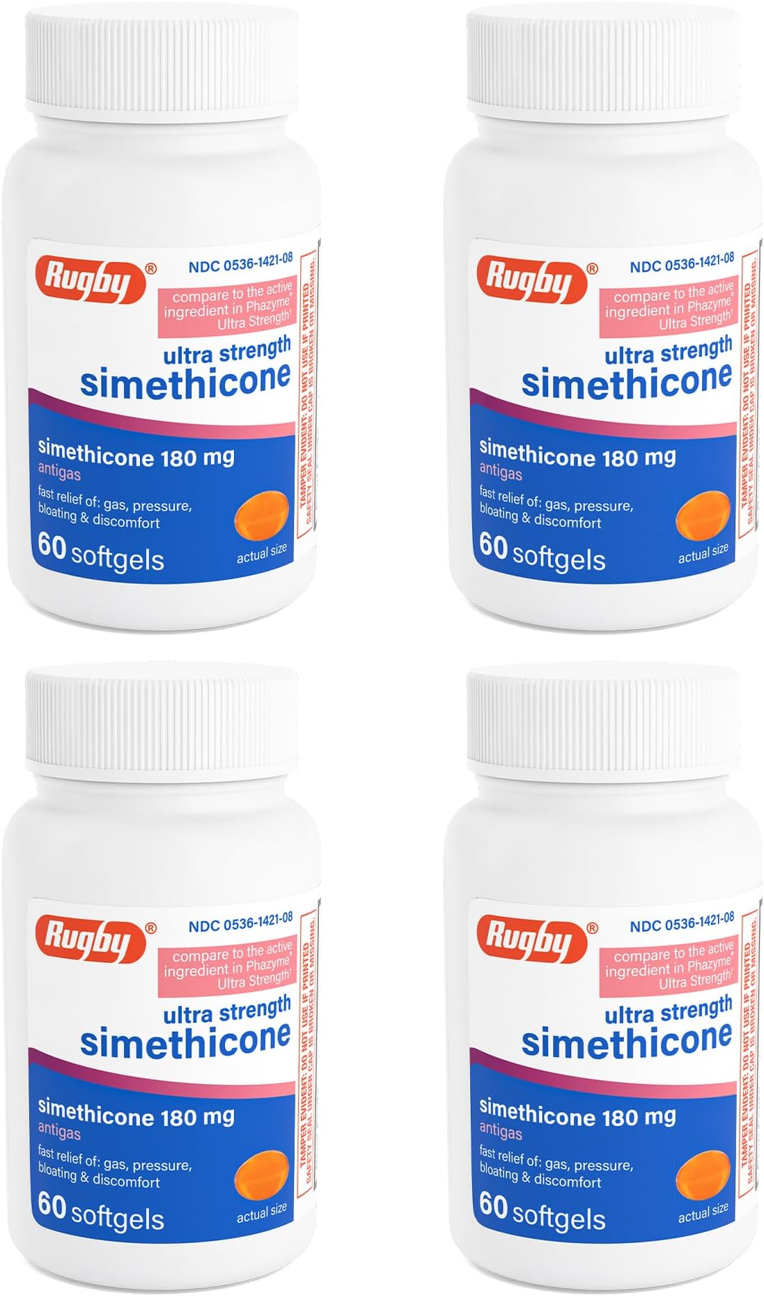 Rugby Ultra Strength Simethicone Gas Relief 180 mg - Maximum Relief for Adults - May Help with Symptoms of Flatulence & Bloating - 60 Softgels (4 Pack)