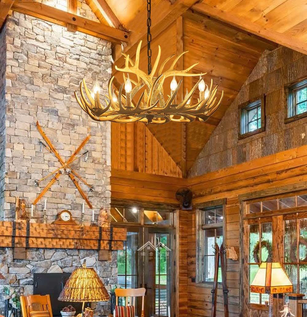 Żyrandol z poroża z żywicy, 9-punktowa lampa sufitowa z poroża, żyrandol w stylu retro rustykalnym do kawiarni, salonu, sklepu odzieżowego (9 lamp z poroża + 3 poroża)