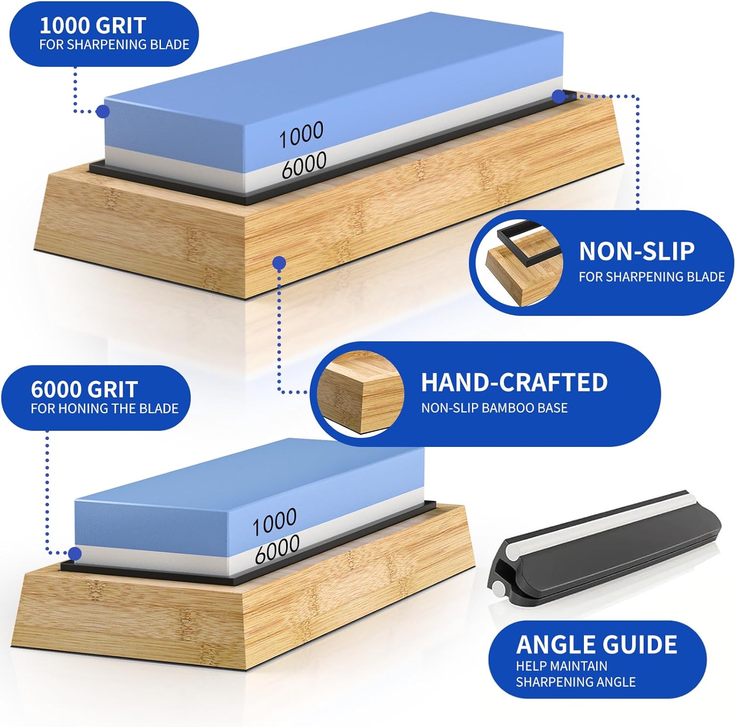 Knife Sharpener, Professional Whetstone, Double Sided Whetstone 1000/6000, Knife Sharpener with Whetstone, Non-Slip Soft Rubber Base Set and Bamboo
