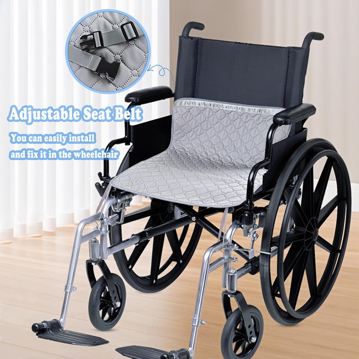 Wheelchair Waterproof Chair Pads for Incontinence, Washable Anti-Slip Wheelchair Pads for Seat, Reusable Highly Absorbent Wheelchair Seat Cover Pad with Seat Belt and Strap 27.5" x 19.68"
