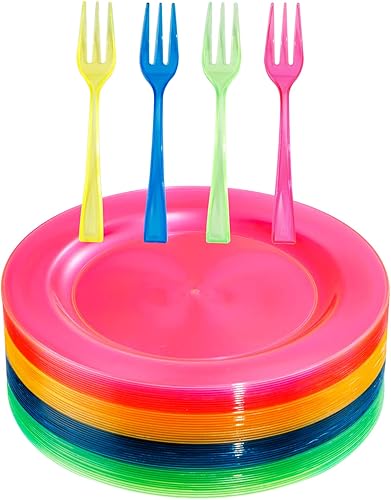 supernal 200 platos de aperitivos que incluyen 100 tenedores de plástico, 100 platos de fiesta de neón, coloridos platos desechables de arco iris y