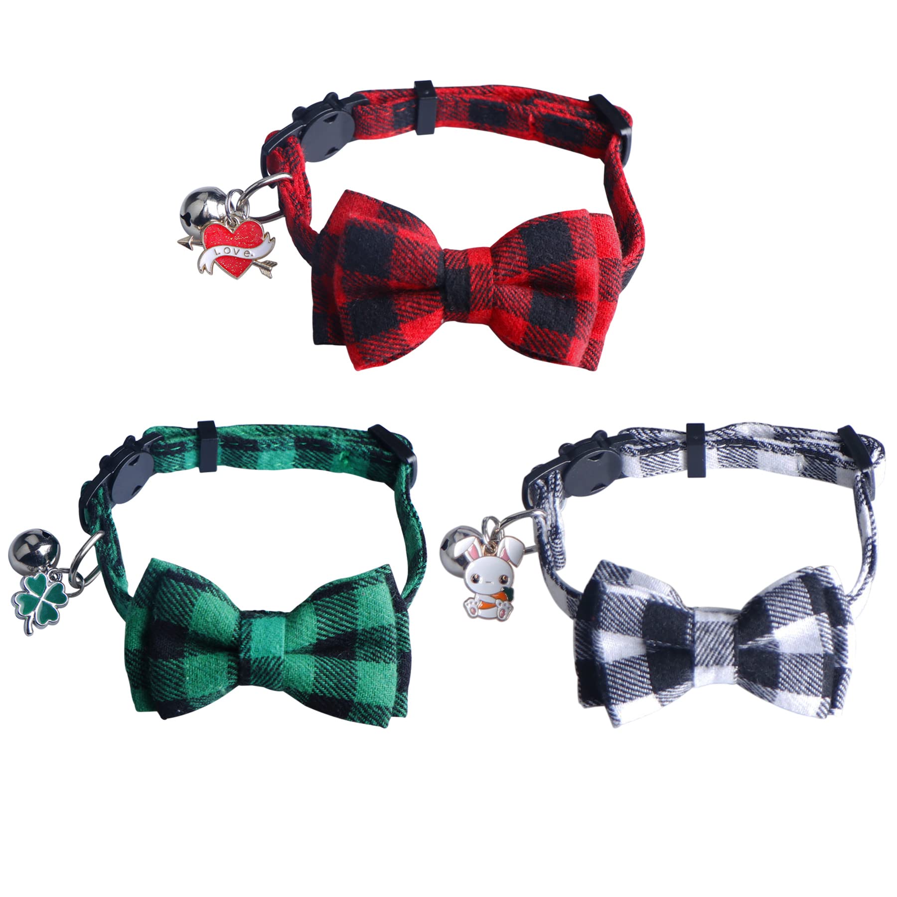 STMK 3 Pack Holiday Plaid Cat Collars with Bow Tie Bell, Breakaway Cat Kitten Collars with Bowtie Bell for Holiday Cats Kittens (Red, Green and White, Valentine's Day, St. Patrick's Day and Easter)
