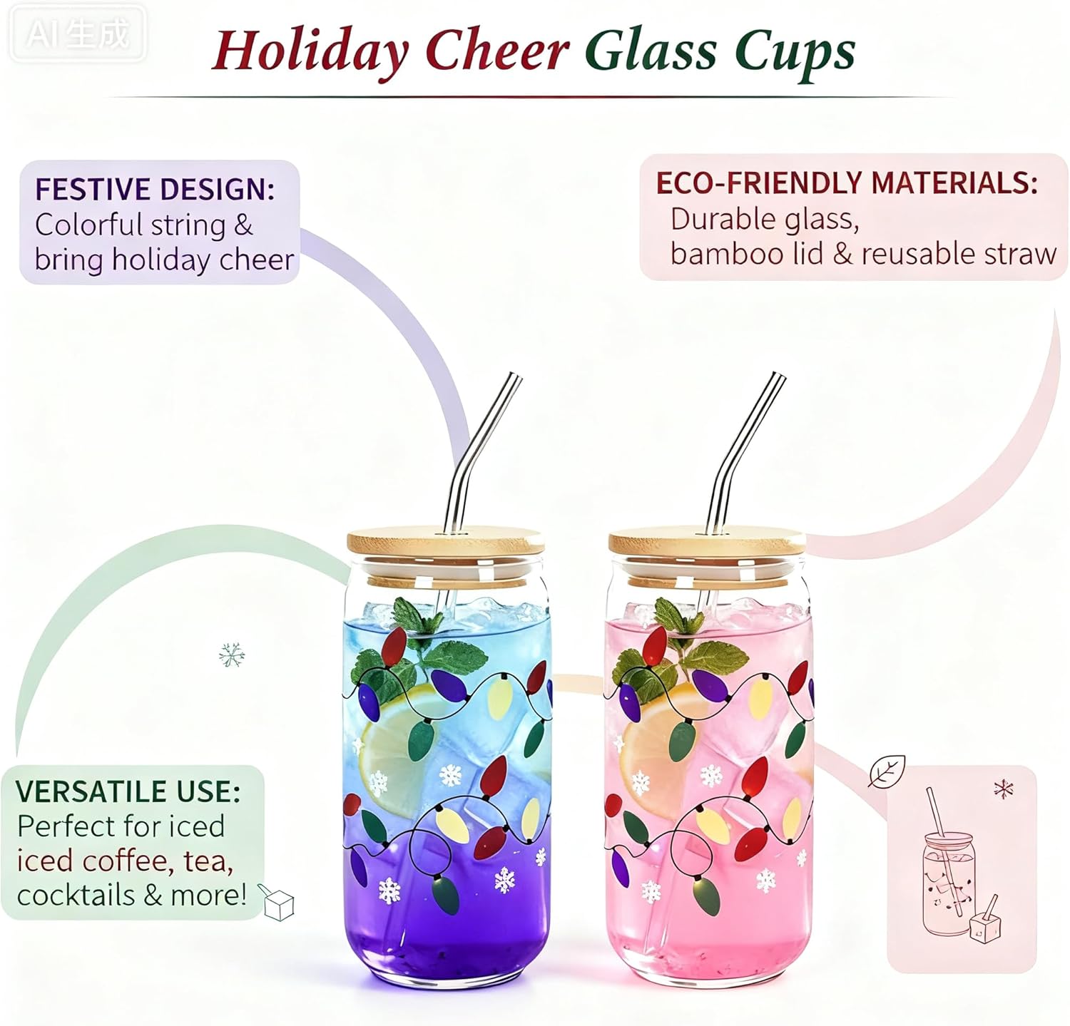 Color Changing Christmas Glass Cups - 16 Oz Iced Coffee Cups with Lids & Straws, Party-Reason Drinkware for Milkshakes, Juice & Iced Beverages, Festive Holiday Gift Set - Image 2
