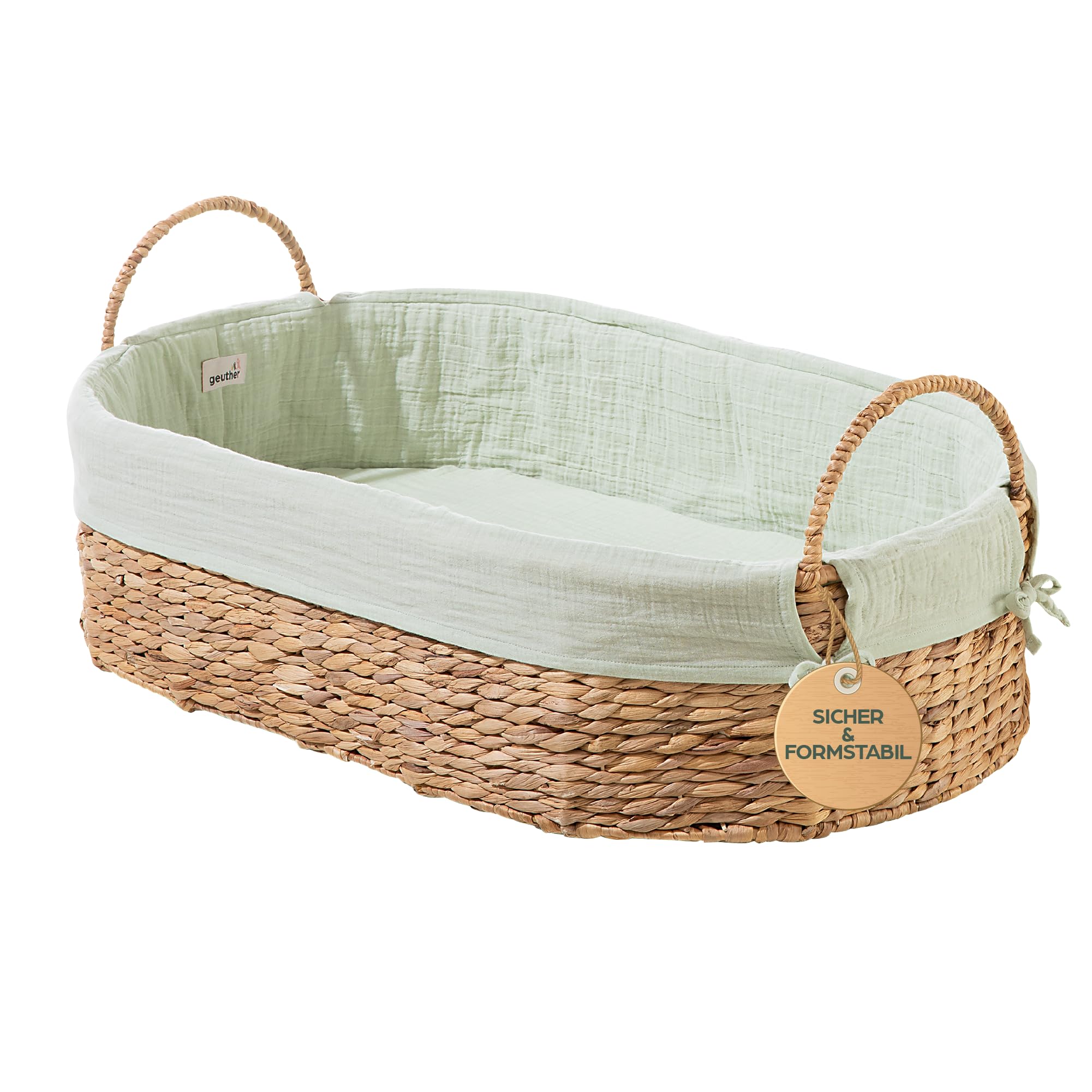 Geuther Moses Korb klein | Babynest mit Tragegriff | Babynestchen Neugeborene mit Matratze & Baumwollbezug | Mobiles Babybett | Nachhaltig & langlebig | Nestchen Baby | Moseskorb Baby in Mint
