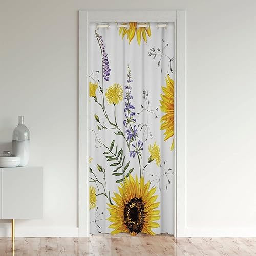 Cortina opaca de girasol, tratamiento floral, cortina para puerta, oscurecimiento de habitación, patrón de flores amarillas, con aislamiento