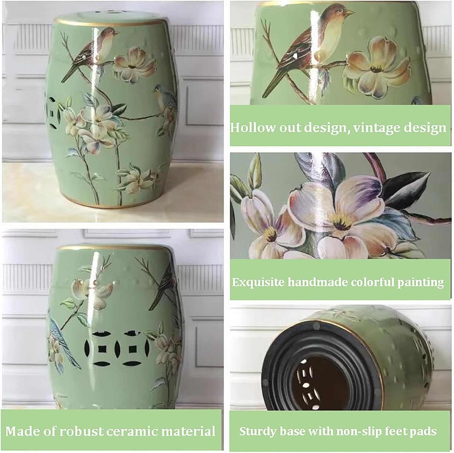 Glazed Ceramic Decorative Garden Stool,Modern Ceramic Garden Stool,Decorative End Table Side Table,Hand-Painted Forla Bird Ceramic Garden Stool for Outdoor Patio Garden Living Room