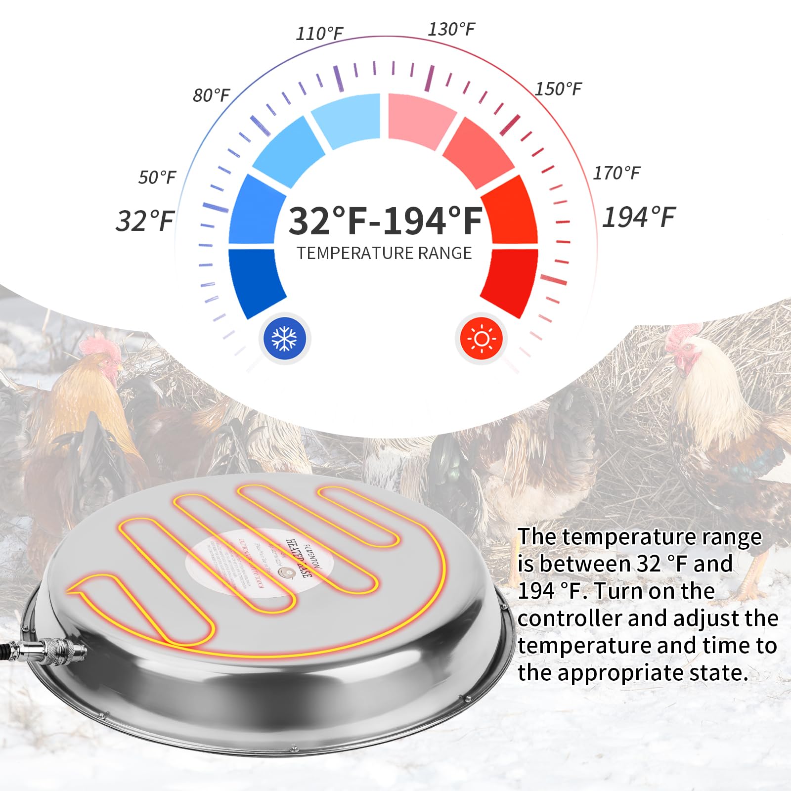 34cm Heizplatte für Geflügeltränke Hühner Hühnertränke Beheizte Basis Wassererhitzer mit Temperaturregelung Hühner Warmwasserbereiter für Hühnerstall