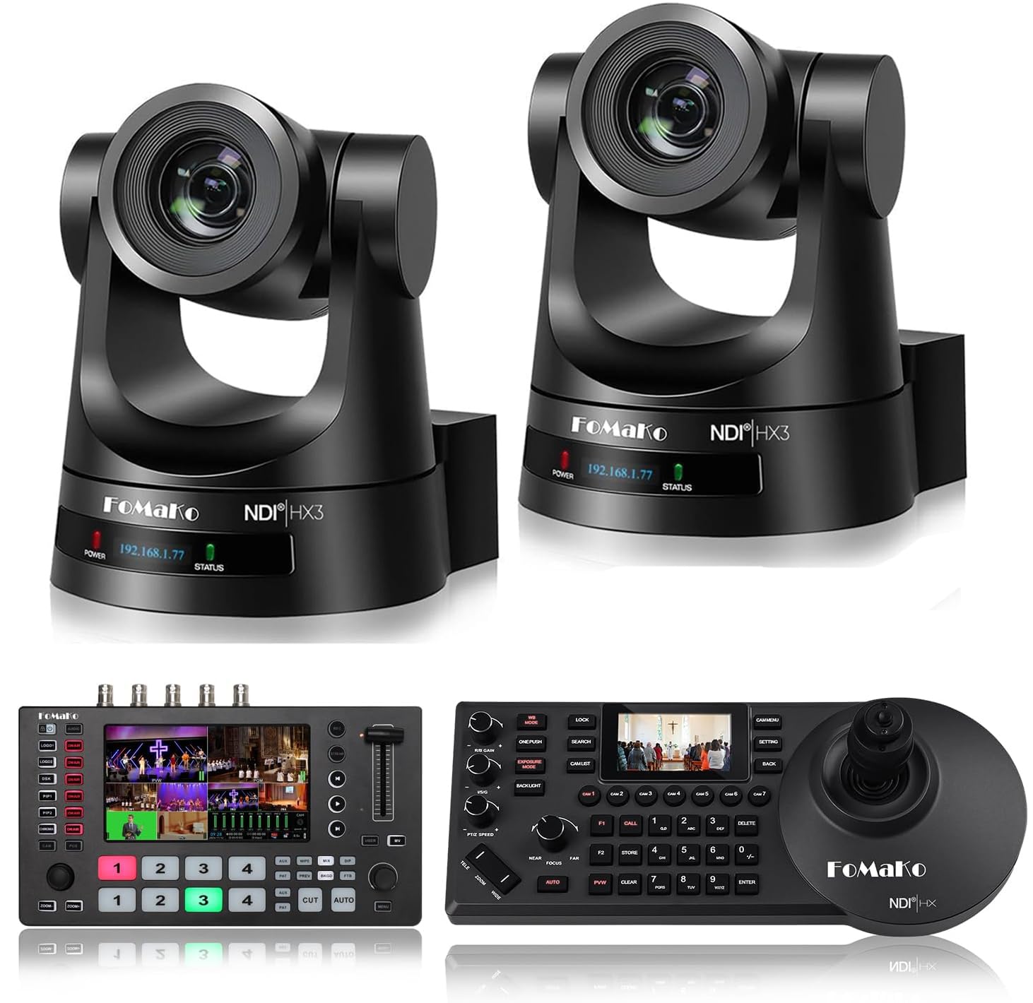 FoMaKo NDI HX3 PTZ Kamera Set, 30x Optischer Zoom KI-Auto-Tracking, mit 2*KN30A Pro NDI Kamera+ NDI PTZ Controller+ 4K HDMI SDI Videomischer