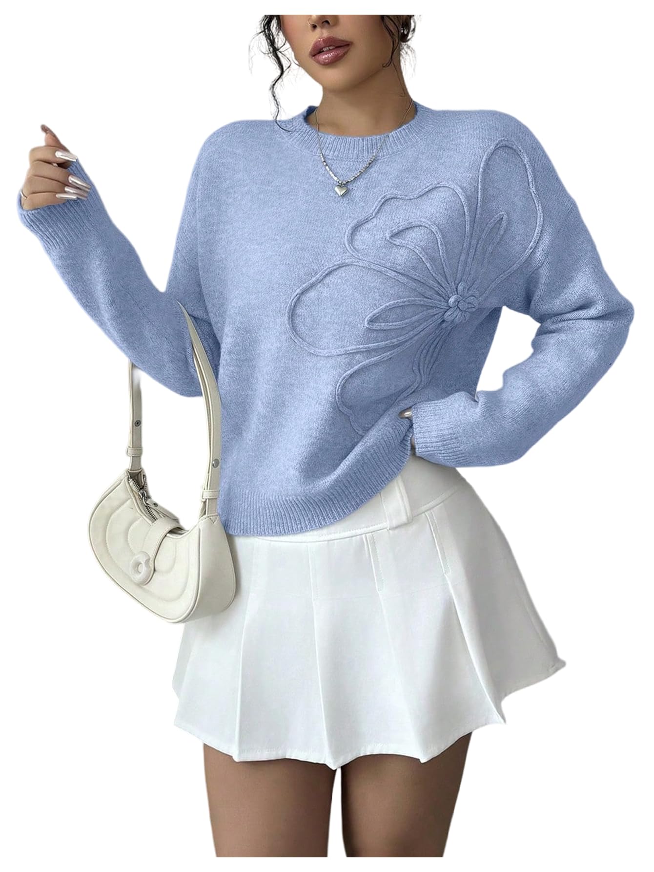 RoseSeek Women's 3D Floral Appliques Sweaters Long Sleeve Knit Tops