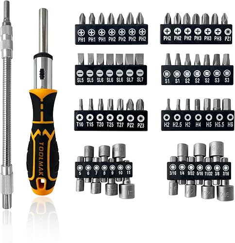 Juego de destornilladores de trinquete de 58 piezas y juego de puntas de destornillador magnético con destornillador de abrazadera de manguera de