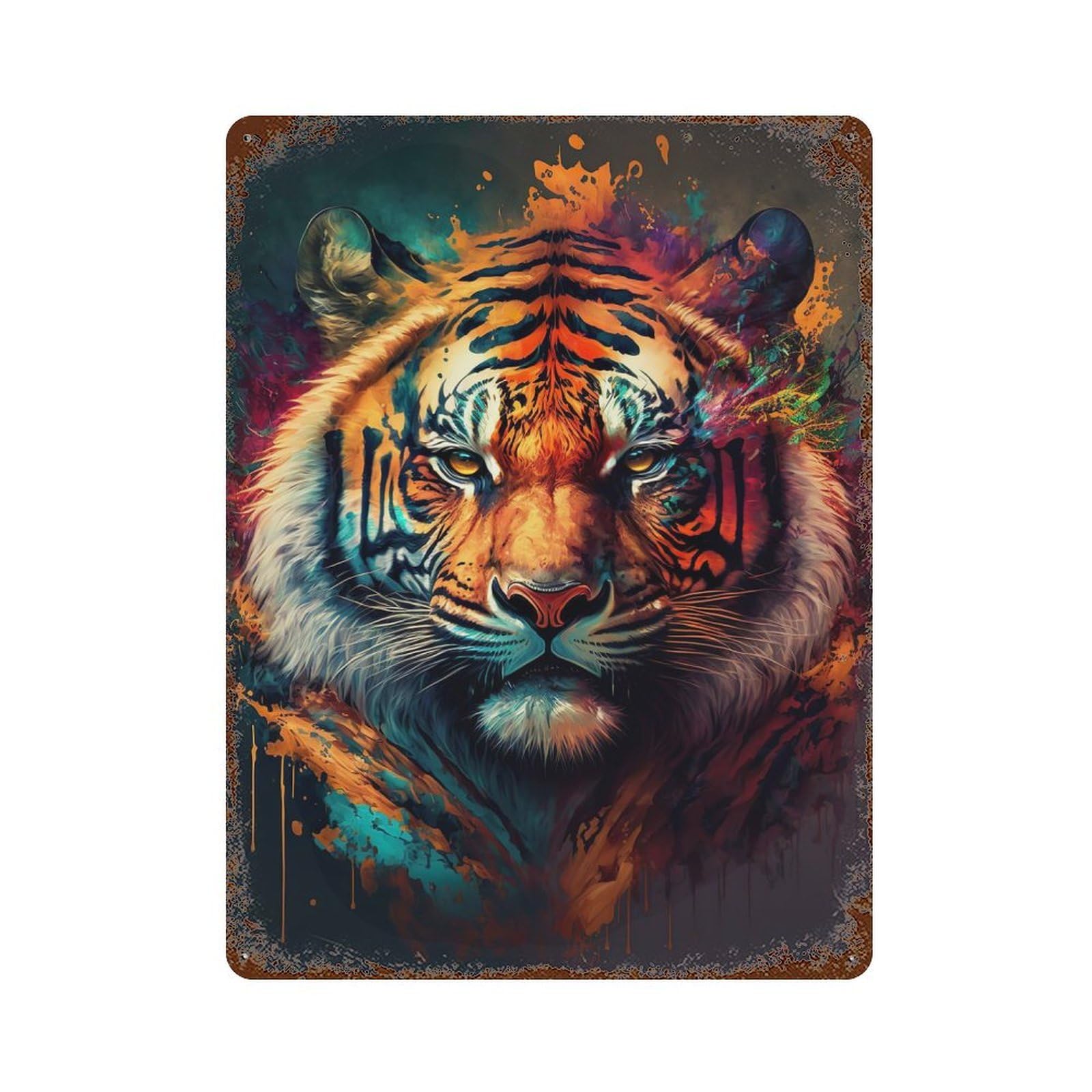 Rust Effect Color Splash Tiger Decorative Tin Sign 15.7"x11.8", Farmhouse Wall Decor for Patio, Garden Room And Bar Decor