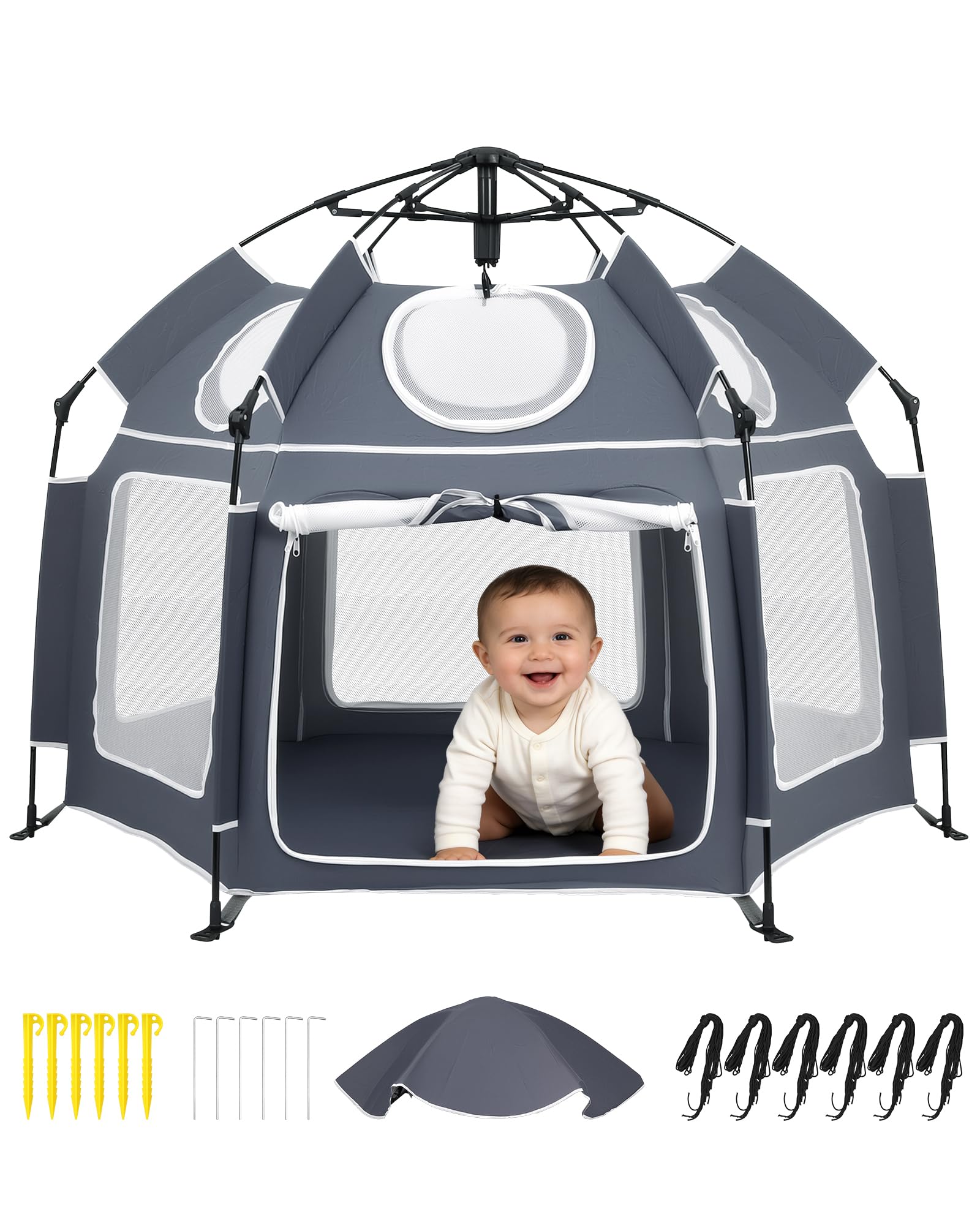 HOMGEN Box Pieghevole POP-UP 150x110 cm con Copertura UV Rimovibile in Tessuto Oxford 210D Box da Esterno per Bambini Portatile in Rete per Spiaggia, Parco e Casa