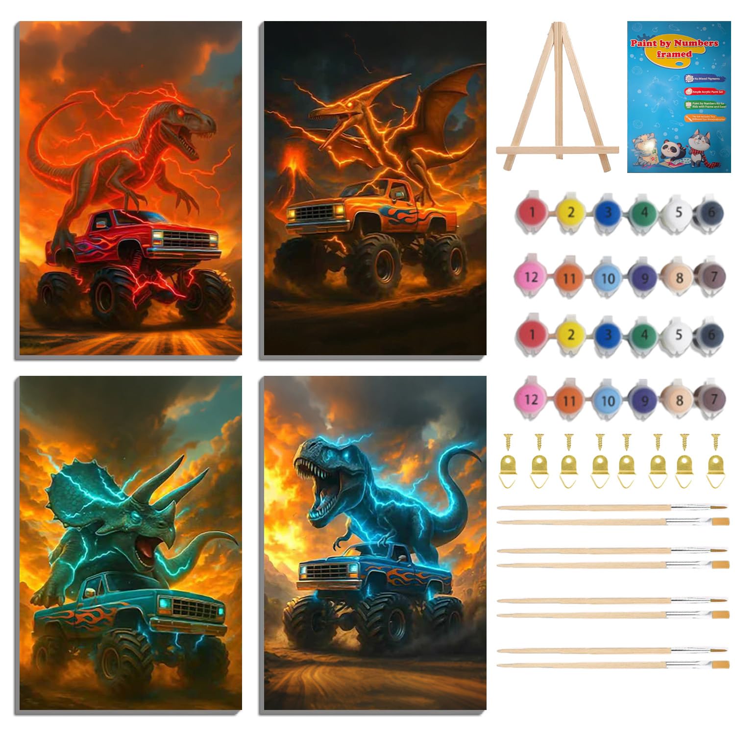 WEMEON 4 Stück Malen Nach Zahlen Erwachsene mit Rahmen Staffelei, Dinosaurier Paint by Numbers Leinwand und Acrylfarbe, DIY Set Erwachsene zur Entspannung für Home Deko20x30cm