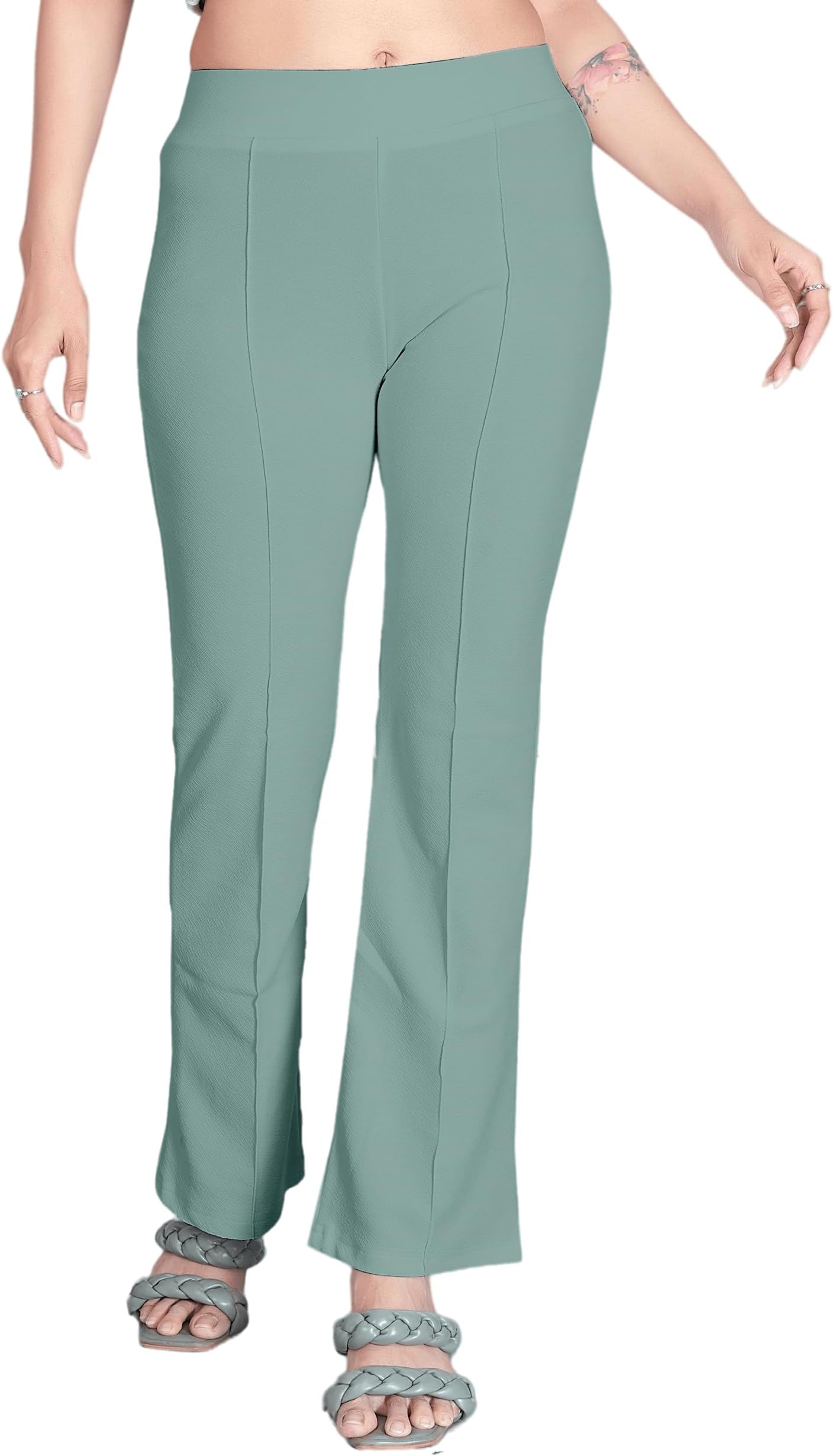 EASYMART Women's Relaxed Fit Flat-Front Trousers, Elastic Flared Bootcut Pants, High Waist Bell Bottom Trouser