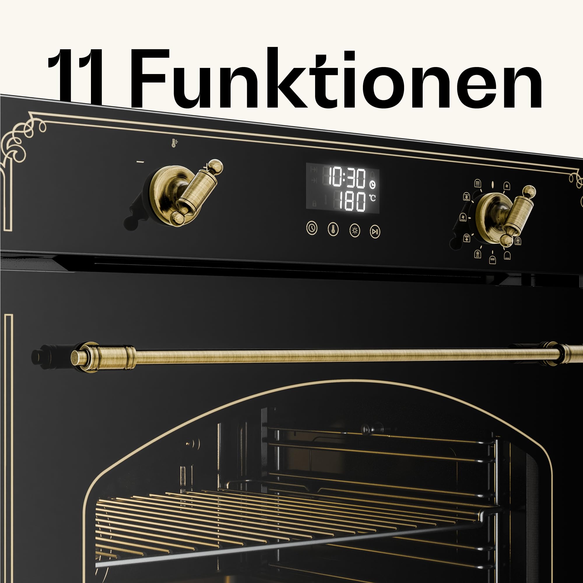 Klarstein Victoria Pyro Einbaubackofen 60 cm 76L Pyrolyse 11 Funktionen Retro Design Energieklasse A Timer Vierfachverglasung Emaille-Innenraum Schwarz