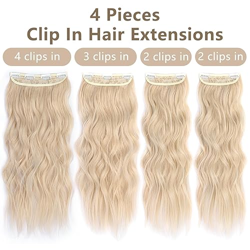 Miniatura 5 de ALXNAN Extensiones de cabello con pinzas, extensiones de cabello rubio ondulado largo, 20 pulgadas, 4 piezas gruesas, fibra de doble trama, para