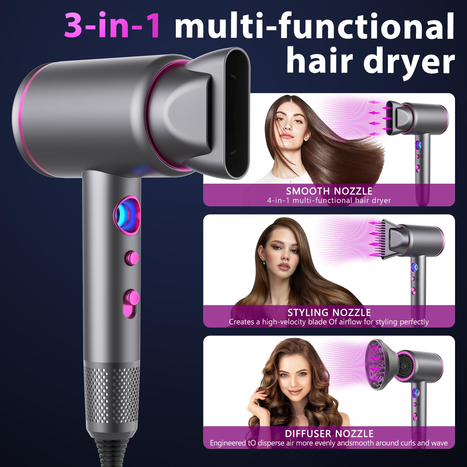 Asciugacapelli Professionale, Unipampa 2400W Phon Capelli, AC Motore Phon Per Capelli, Phone Professionale, Asciugacapelli Ionico Con 3 allegati, 3 Temperature/ 3 Velocita, Pulsante Aria Fredda