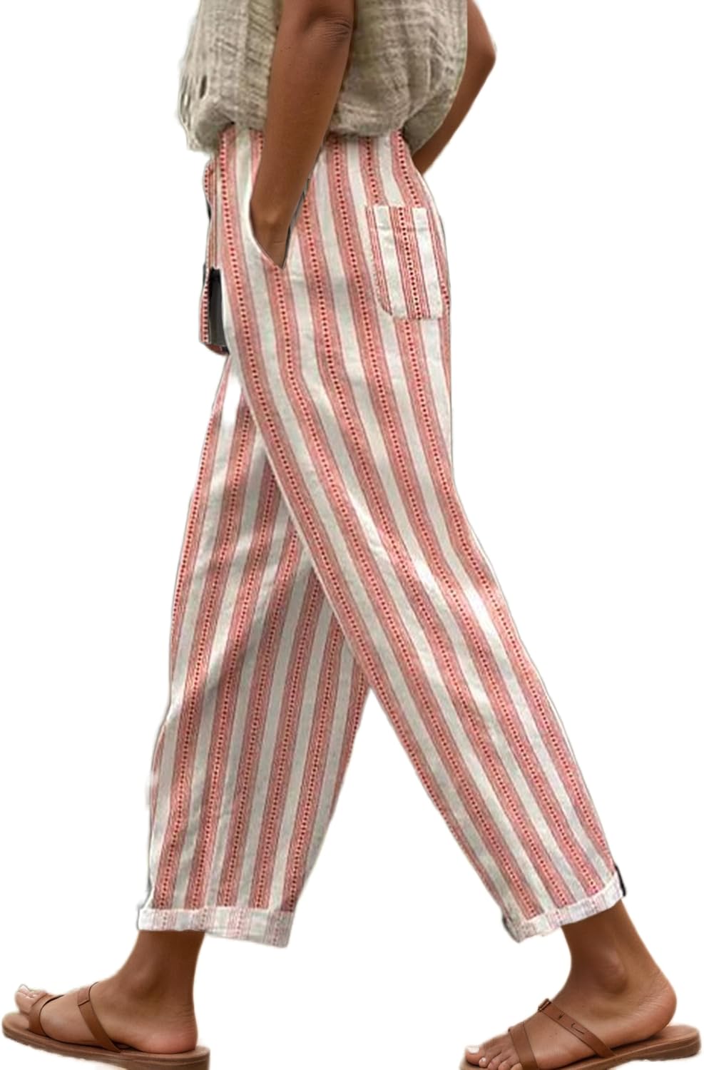 TIAFORD Women's Summer Causal Loose Colorful Striped Pants Drawstring Elastic Waist Wide Leg Beach Trousers with Pockets