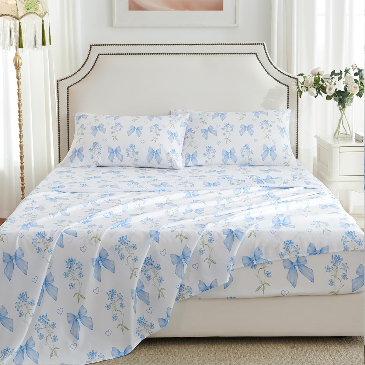 Bow Bed Sheets Queen Size 4 Piece Sheet Set, Pink Heart Bowknot Pattern Fitted Flat Sheets & Pillowcases, Coquette Aesthetic Bedding Toddlers, Deep Pocket, Soft 100% Microfiber