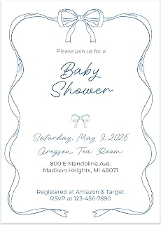 Bunny Badges Personalized Baby Shower Invitations with Envelopes - Bow Frame (Blue)