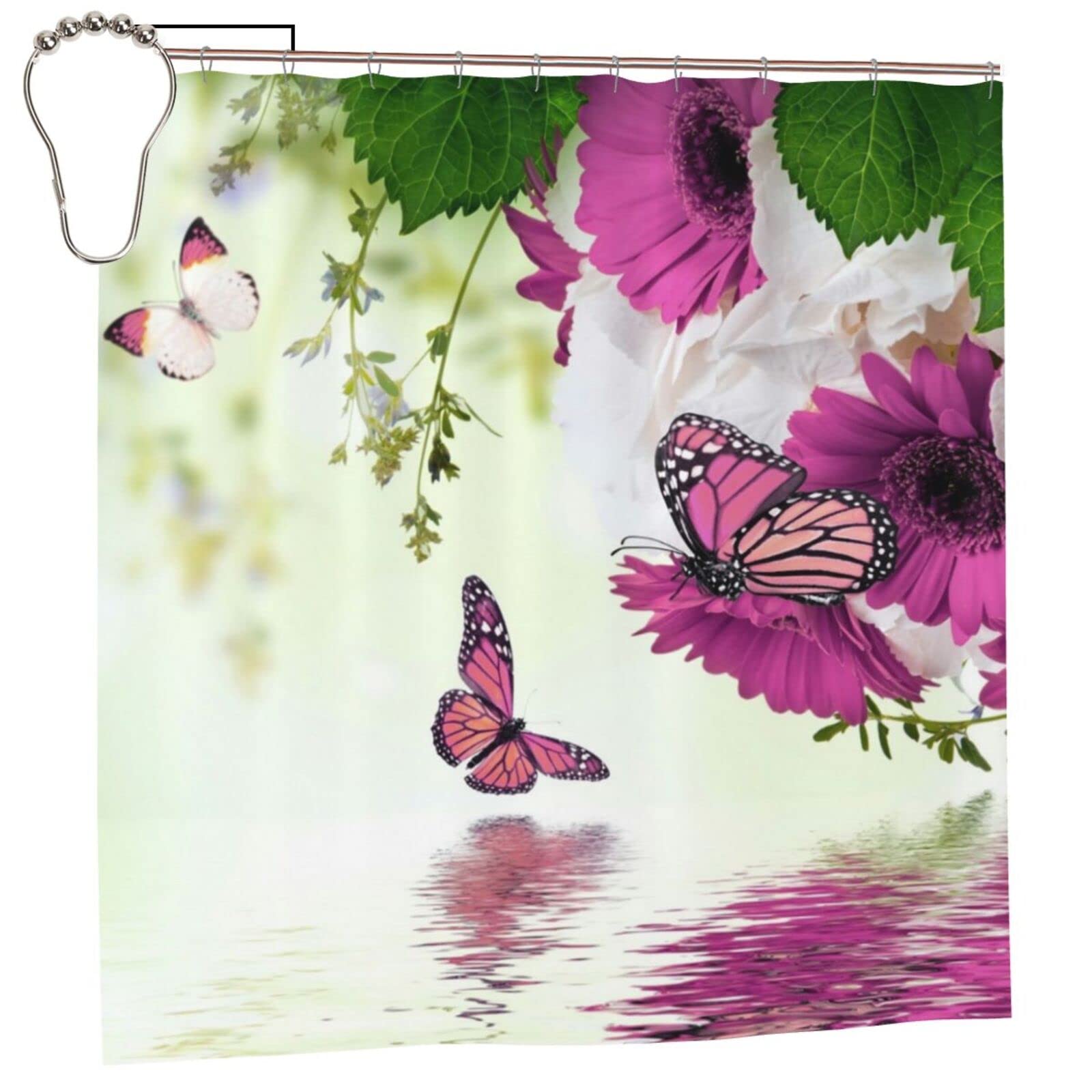 Rideau de douche anti-éclaboussures fleur papillon 183x183 résistant à l'eau avec crochets