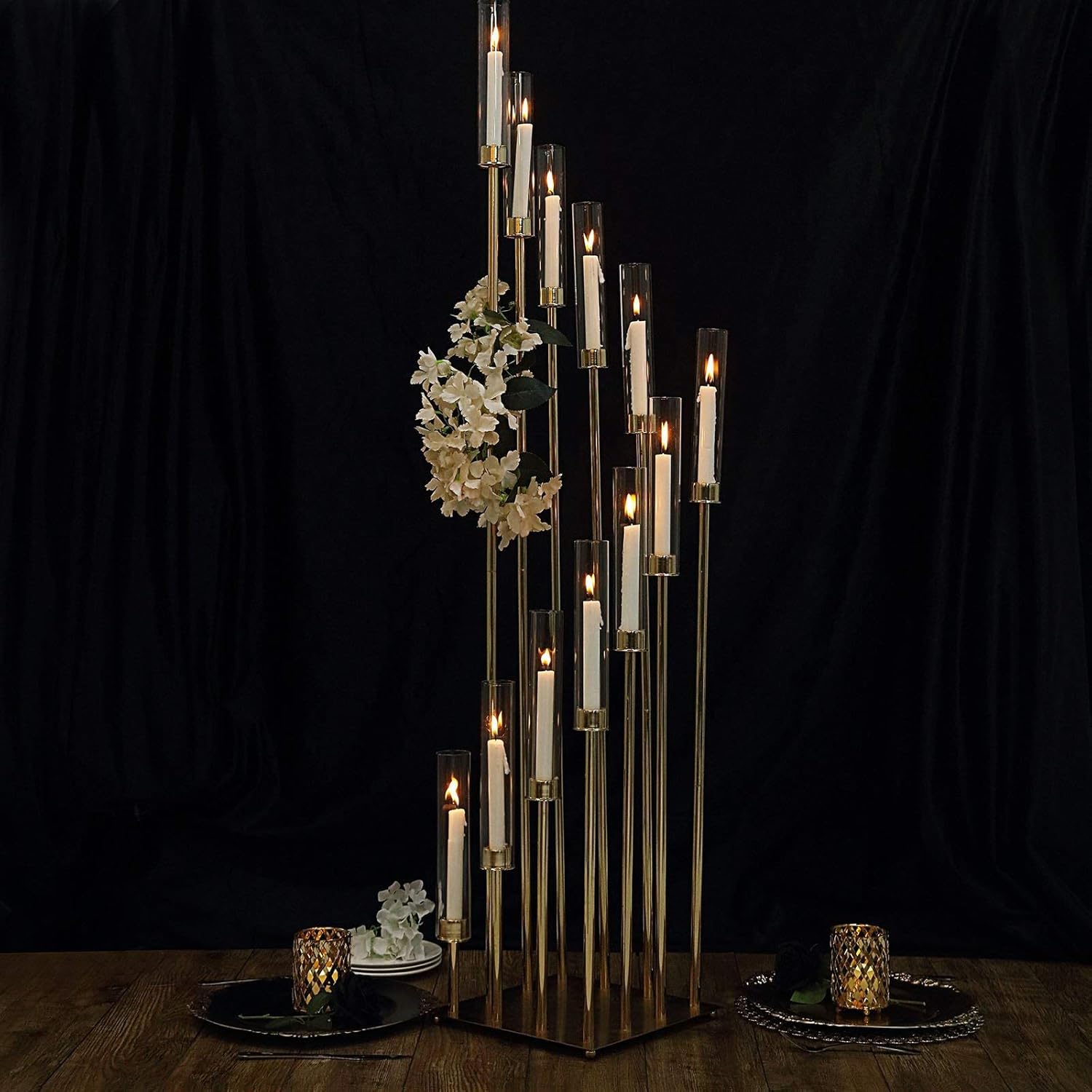 57-Inch Tall Gold Candelabra Candle Holder Centerpiece Glass - Wedding Reception Party Dining Table Home Decorations