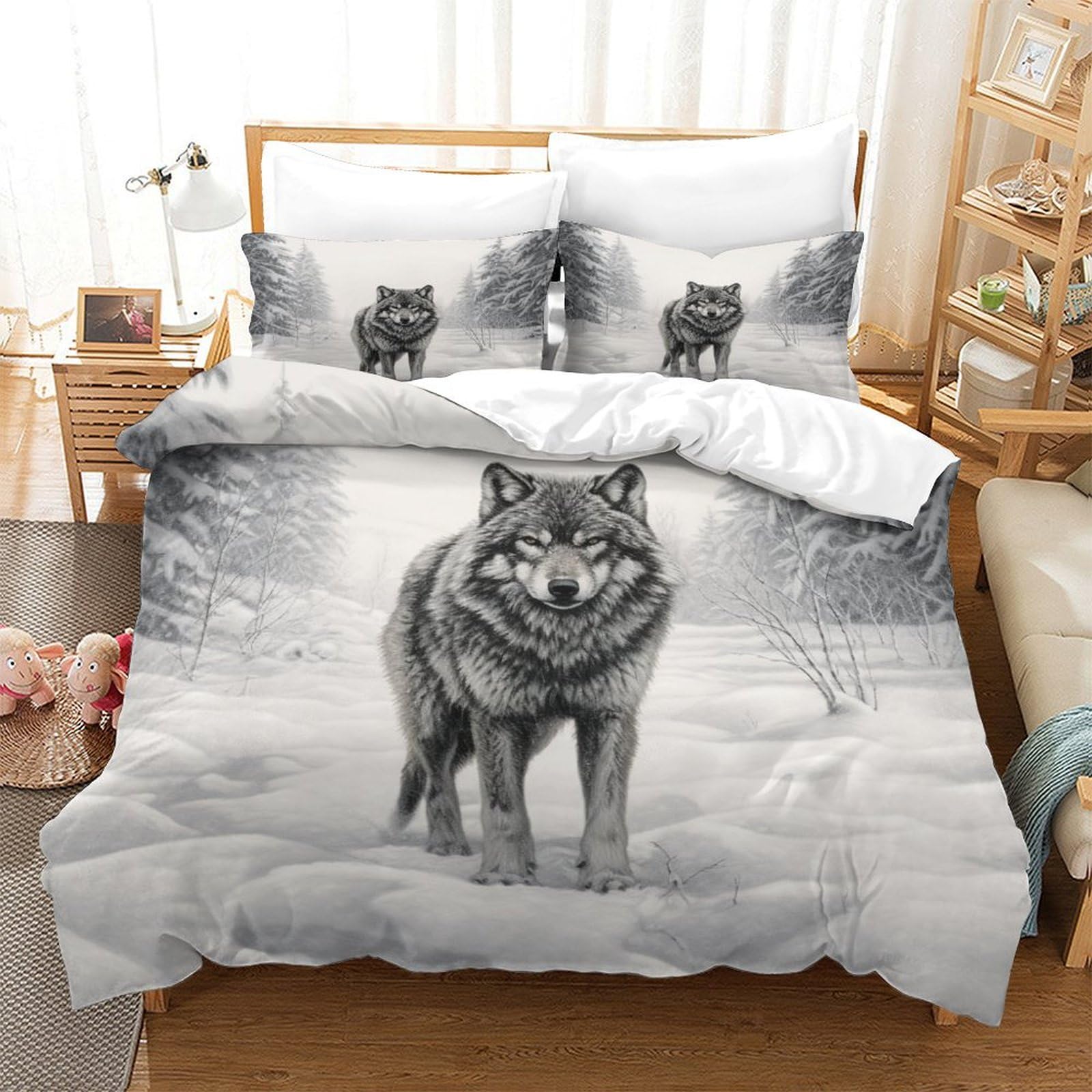 Housse de couette loup des neiges 140x200 cm avec 2 taies d'oreiller en microfibre