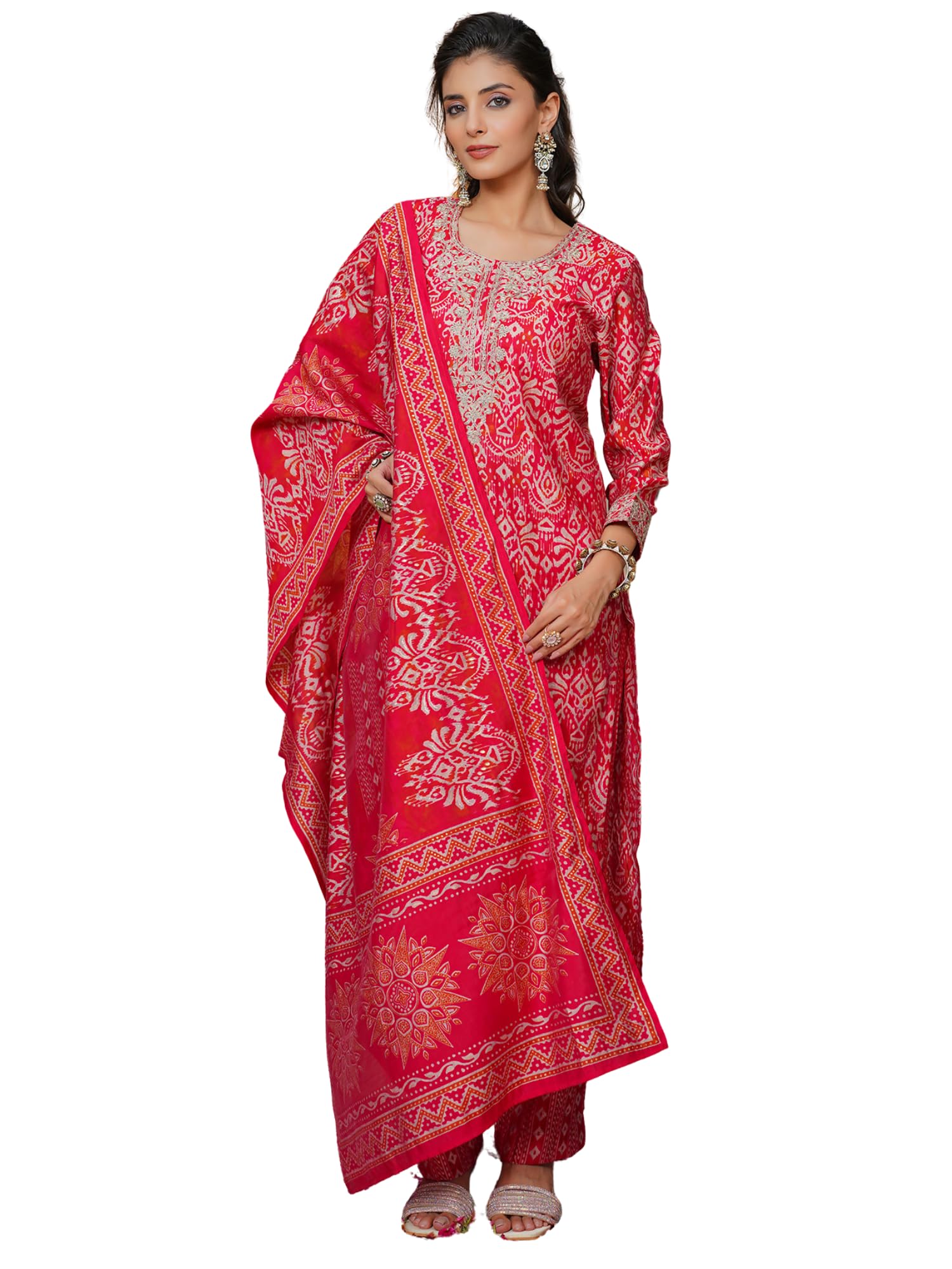 vaamsi Women's Red Silk Blend Embroidered Straight Ethnic Motifs Kurta Trousers With Dupatta Sets | Daily Straight Kurta Set For Women | Embroidered Salwar Suit For Womens-picture-21