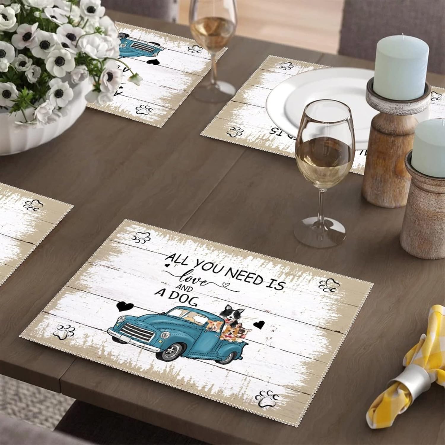 Outdoor Placemats All You Need is Love and A Dog Placemats Blue Pickup Truck with Dogs and Flowers Pad Placemat Stain-Proof Non-Slip Heat Resistant Placemats Dining Table Set of 6