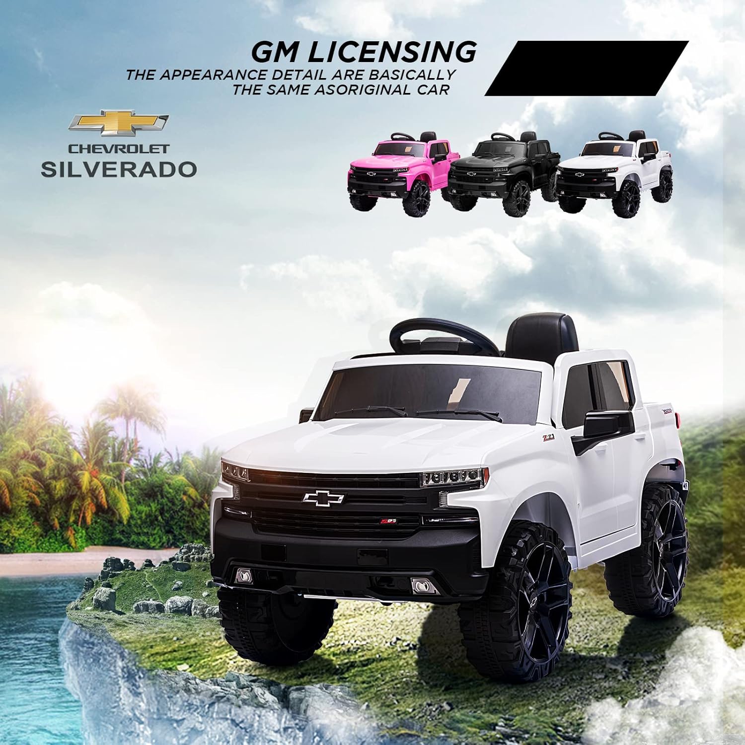 Ride on Truck with Remote Control for Kids, 12V Battery Powered Licensed Chevrolet Silverado GMC Ride On Car Toddler Electric Vehicles, MP3 Music,FM Radio,Spring Suspension, LED Light,White