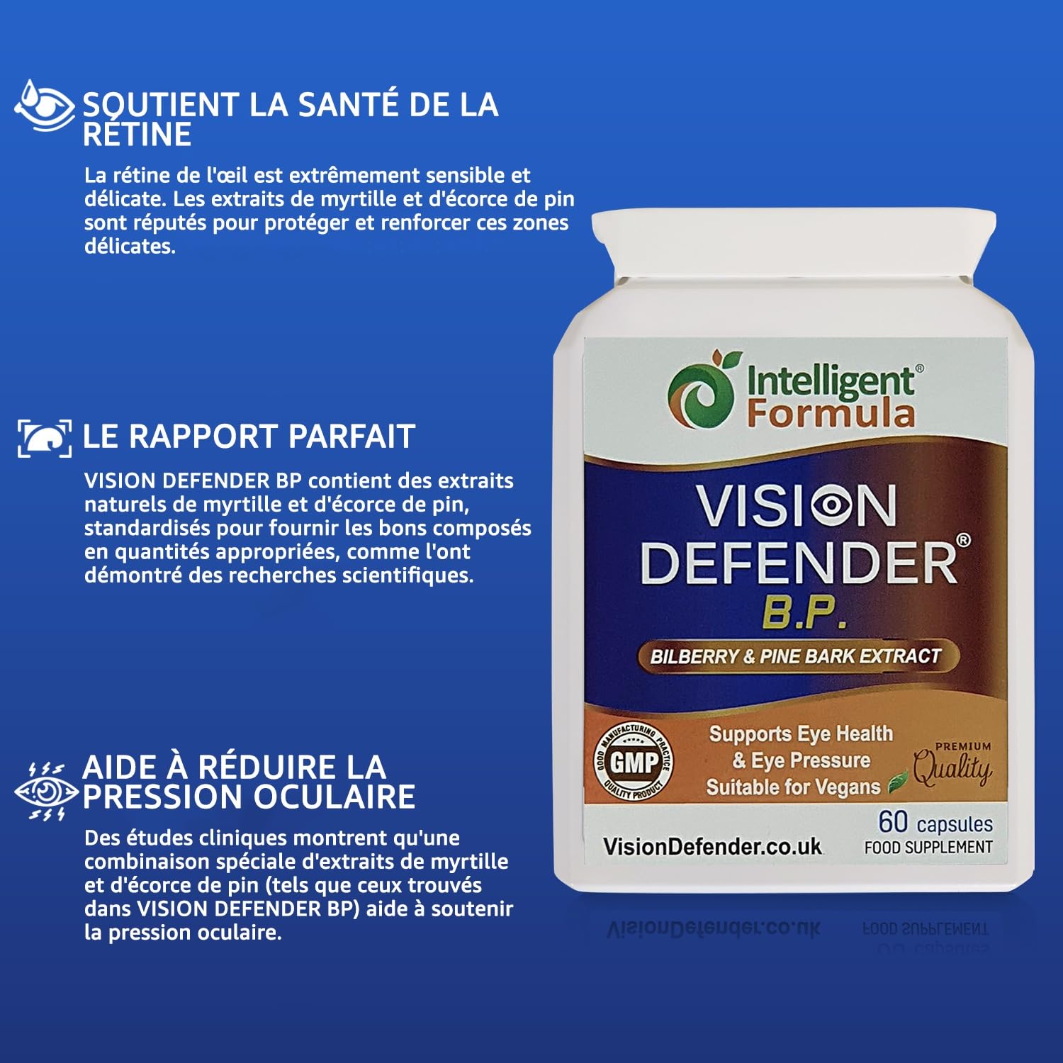 Vision Defender BP Complément Alimentaire Yeux: Soutien de la Pression Oculaire, de la Circulation et de la Rétine. Extraits de Myrtille et de Pin Maritime. 60 Gélules Véganes. Fabriqué au Royaume-Uni