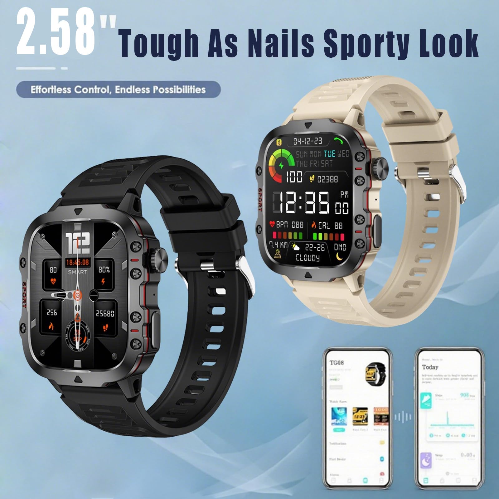 2 szt. inteligentny 2,58" HD Touch Smartwatch dla mężczyzn i kobiet, wodoodporny do sportów na świeżym powietrzu ze 100 trybami sportowymi monitor tętna,Beige