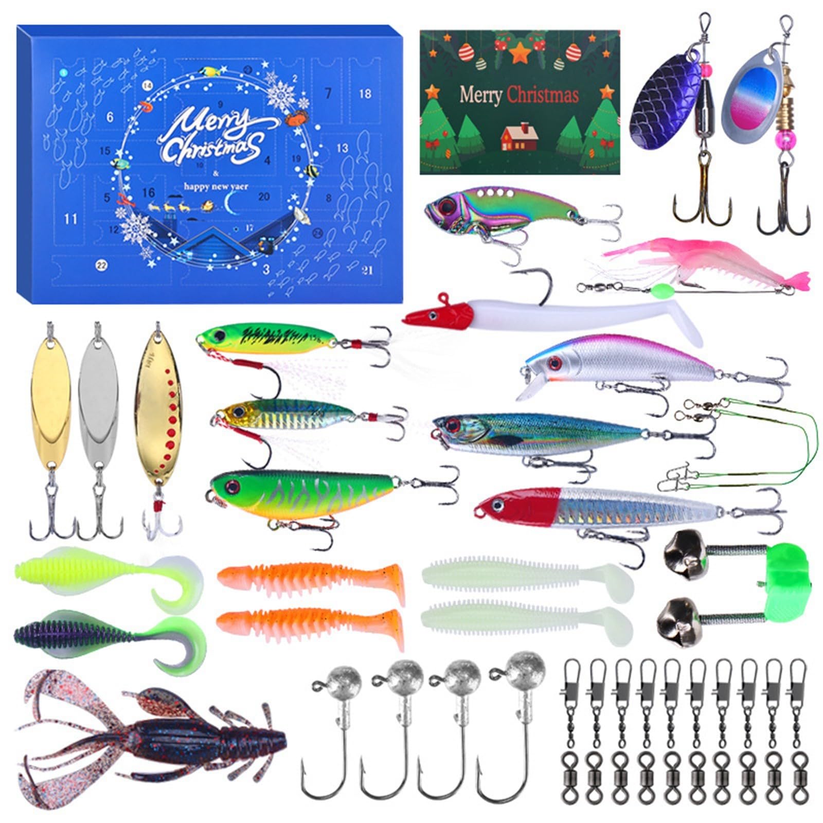 Calendario de Adviento de pesca 2024 para adultos, hombres, adolescentes y niños, calendario de adviento de pesca para agua dulce y salada, plástico suave para padre, novio, abuelo, YmF638 (azul, 32 x