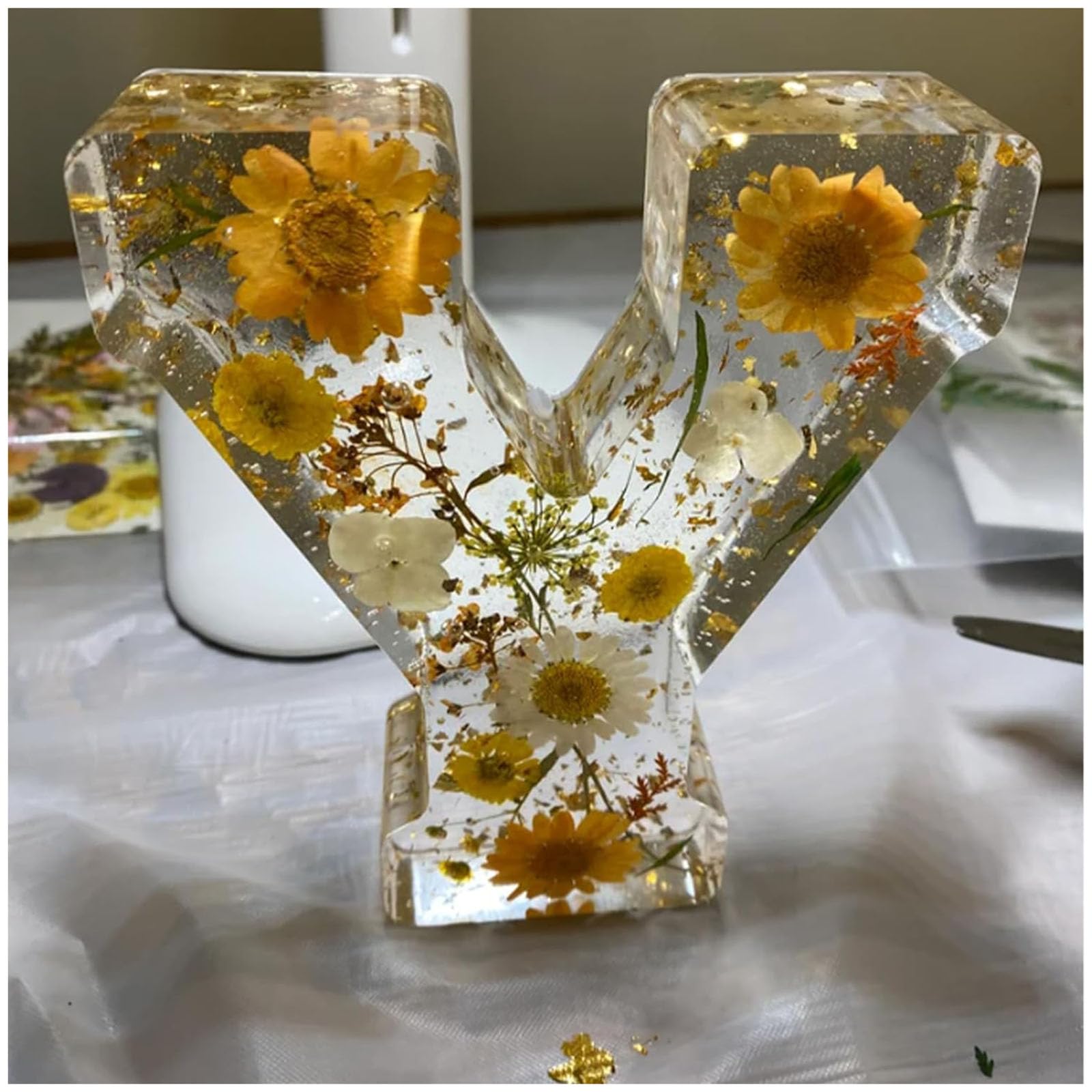 Personalized Floral Resin Night Light - Alphabet Letters, Pressed Flowers, Lamp