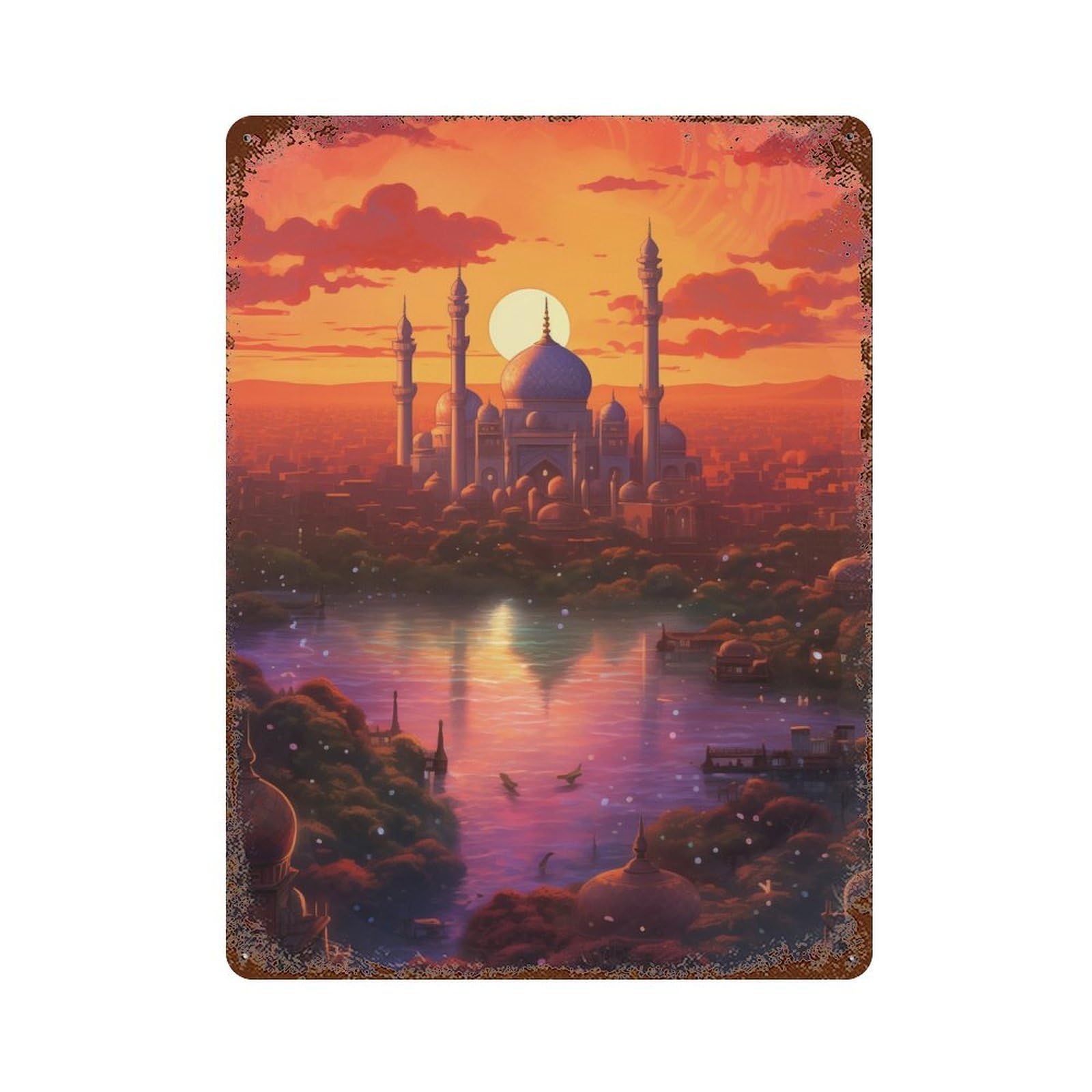 Retro Metal Sign with Magical Sunset Over Ancient Cityscape Design 15.7"x11.8", for Shed, Workshop And Garage Wall Decor, Industrial Home Decor