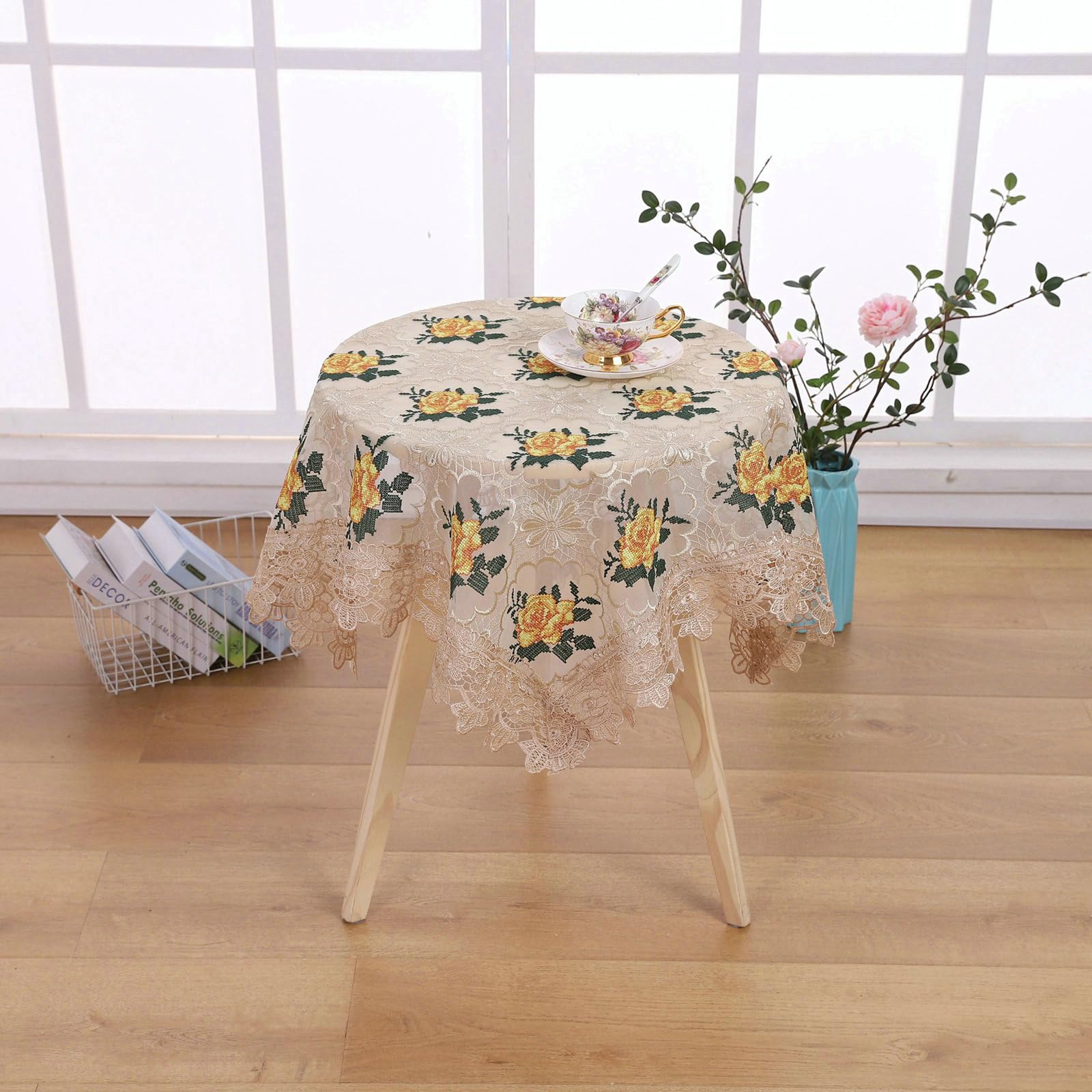 Tischdecke Rund Waschbar 180 cm, Blume Spitze Stickerei - Polyester