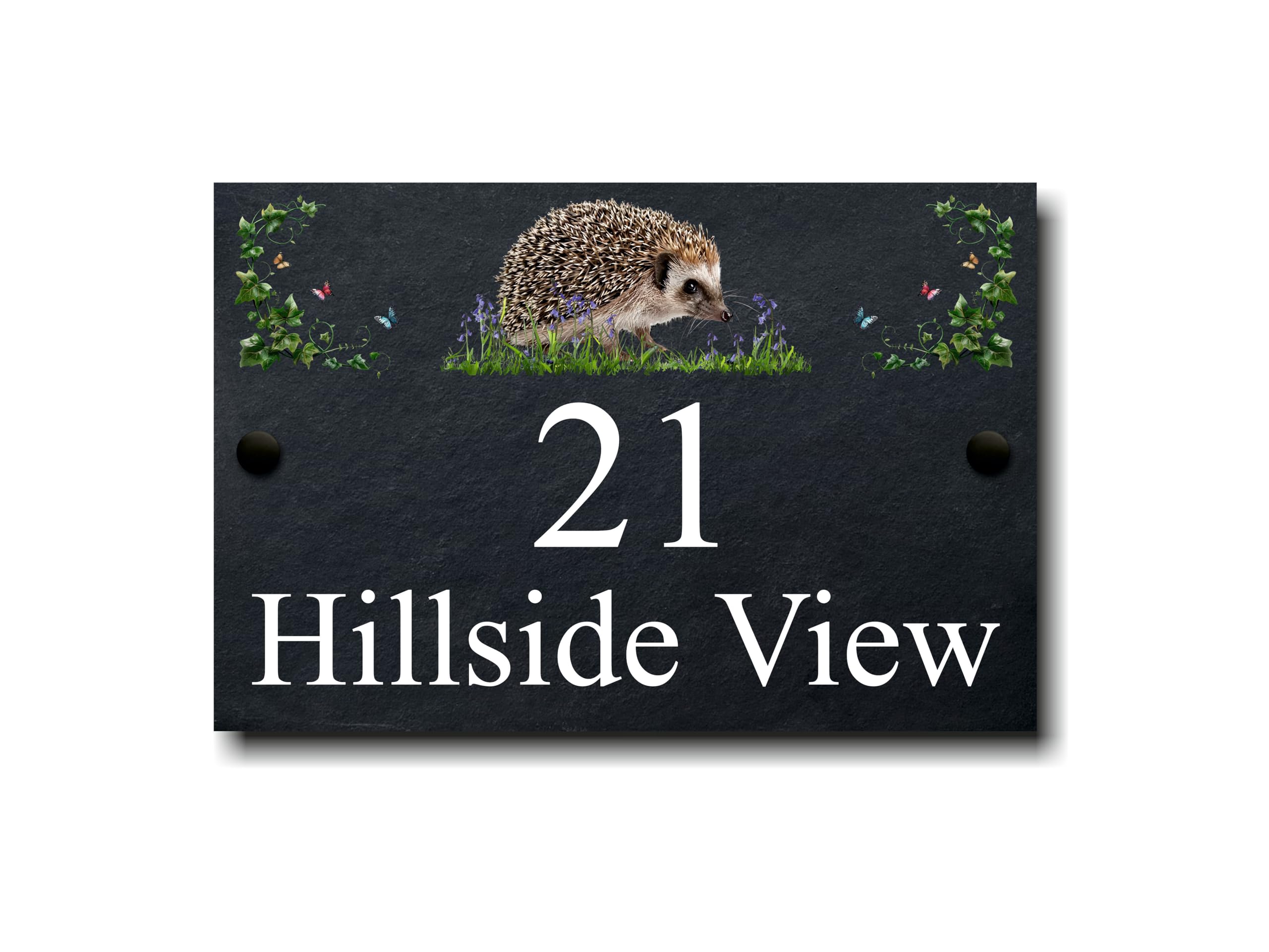 Personalised British Wildlife & Bluebells Slate House Sign Pick Your Size - Choose Your Animal - Add Your Wording - Custom House Name or Number – Outdoor Natural Slate Plaque (Grey/Black, 30cm x 20cm)