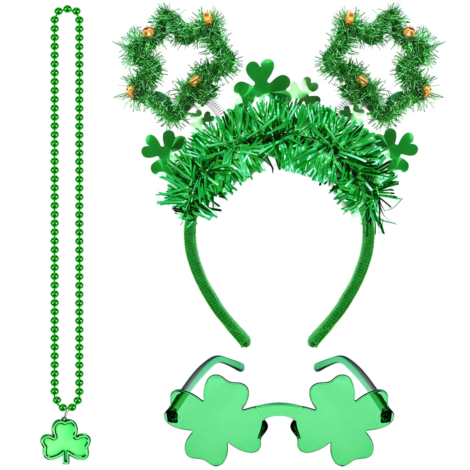 KMLGY 3PCS Shamrock Costume Accessories - Shamrock Headband Glasses and Necklace for St. Patrick's Day Dress Up Irish Themed Party CostySupplies(E)