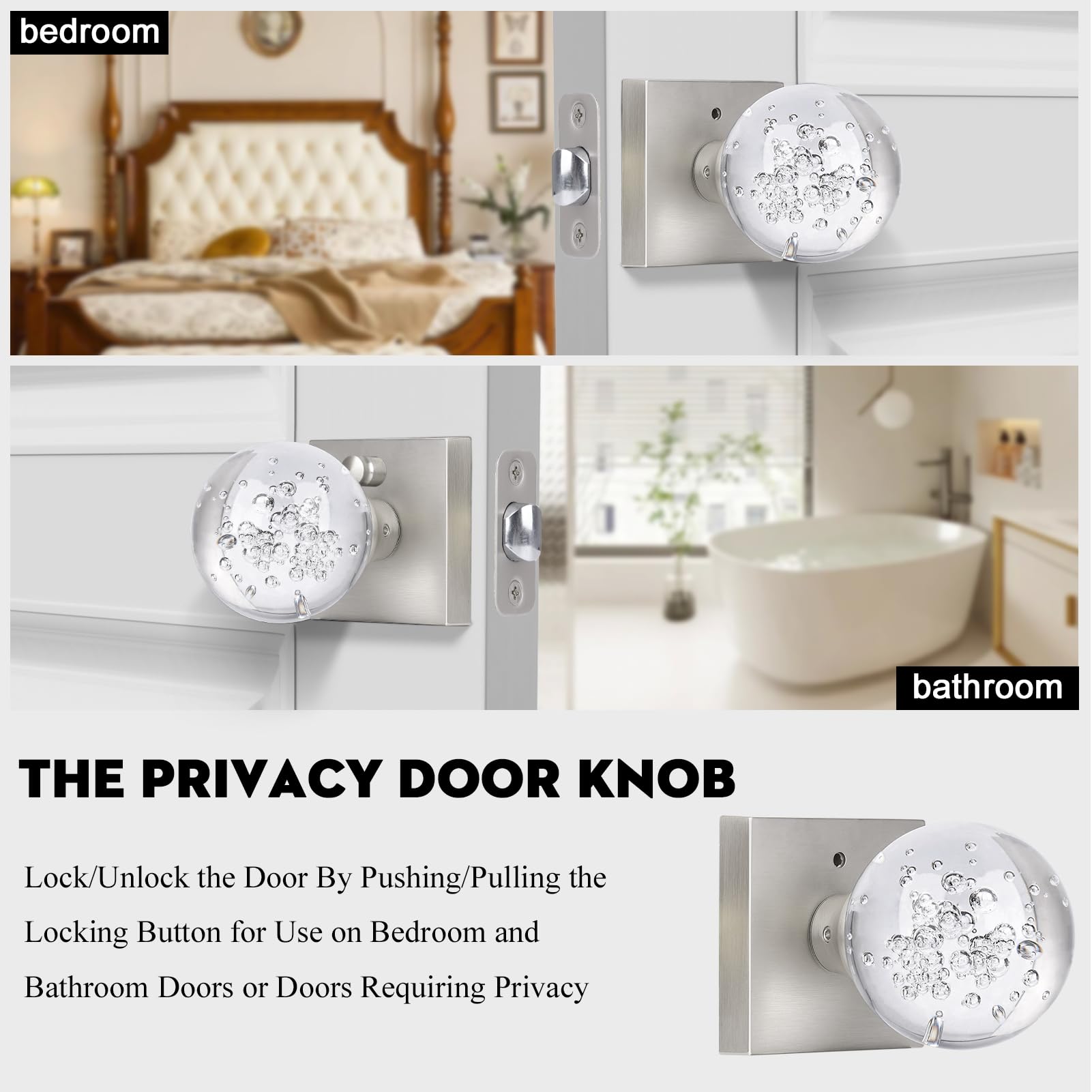 Crystal Door Knobs with Lock - Privacy & Brushed Nickel -4