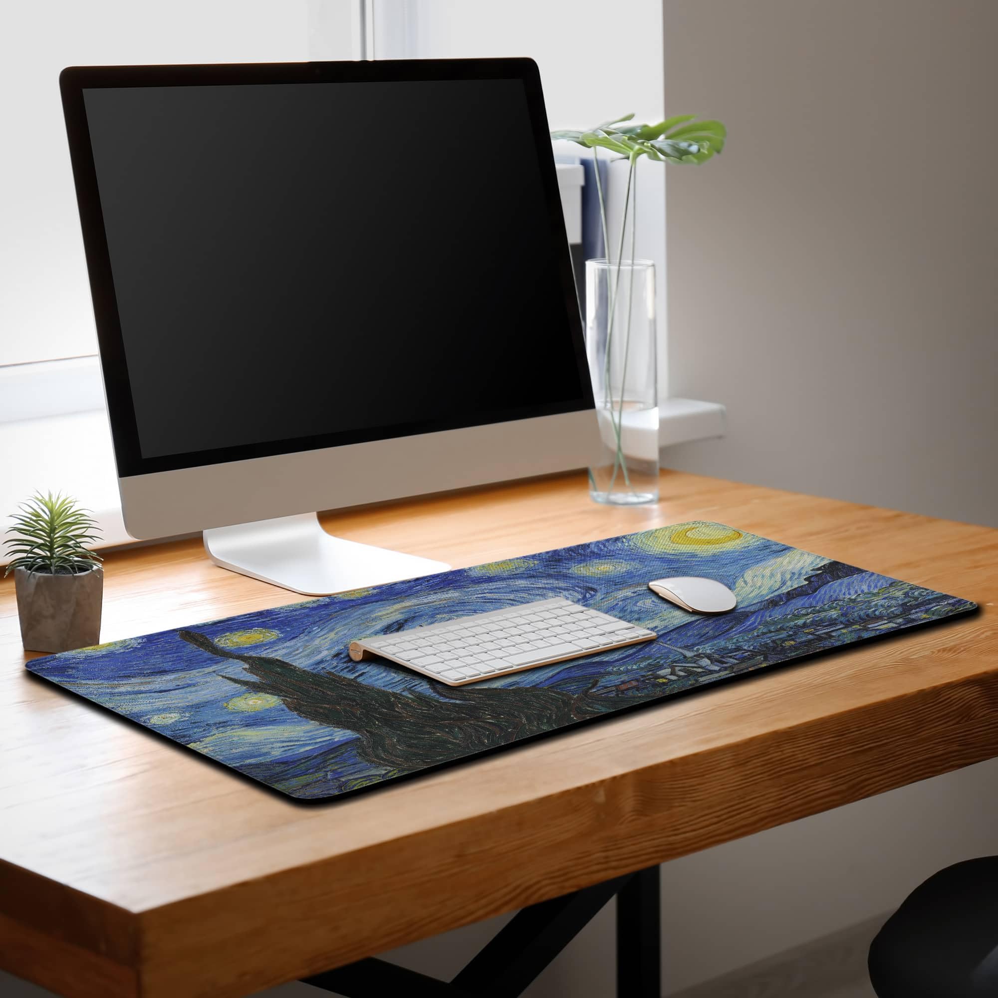 Alfombrilla para teclado y mouse, color azul, XXL, base de goma antideslizante, impermeable, con bordes cosidos, 35.4 x 15.7 pulgadas, para oficina de juegos, la noche estrellada