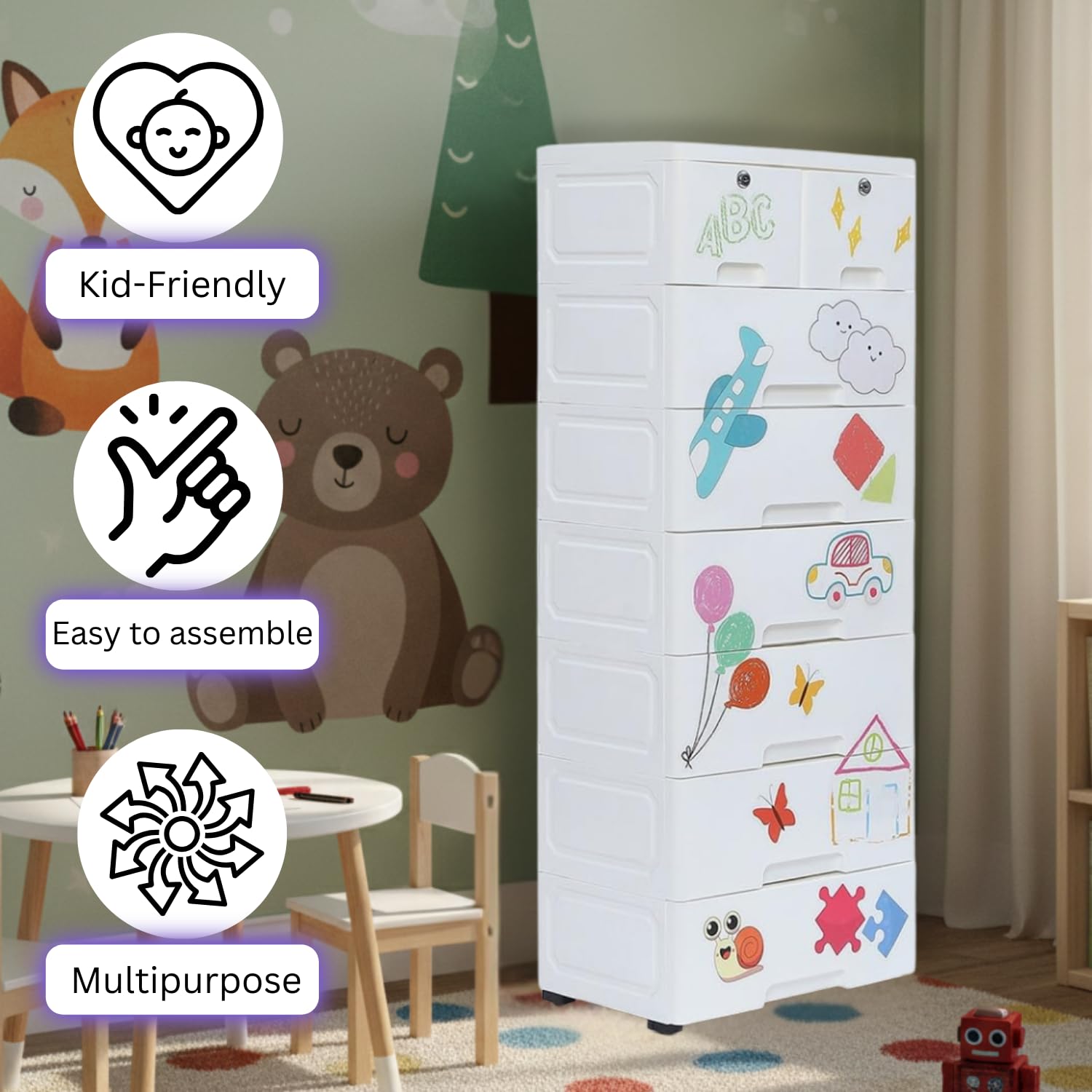 The Tickle Toe Plastic Chest of 8 Drawers for Kids | Multipurpose Organizer & Kids Wardrobe with 2 Locks | Glossy Dresser for Clothes & Toys | 44Lx28.5Wx114H cm | White 3