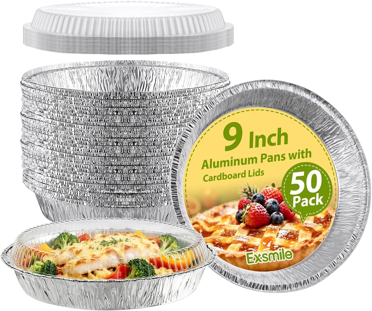 50 Pack 9 Inch Round Aluminum Pans with Plastic Dome Lids - Disposable Tin Foil Pans, Food Containers for Cake Baking, Cooking, Reheating, Roasting, Storage