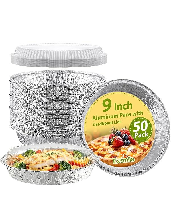 Exsmile 50 Pack 9 Inch Round Aluminum Pans with Plastic Clear Dome Lids - Disposable Tin Foil Pans, Food Containers for Cake Baking, Cooking, Reheating, Roasting, Storage by Exsmile - Used condition - US$19.00