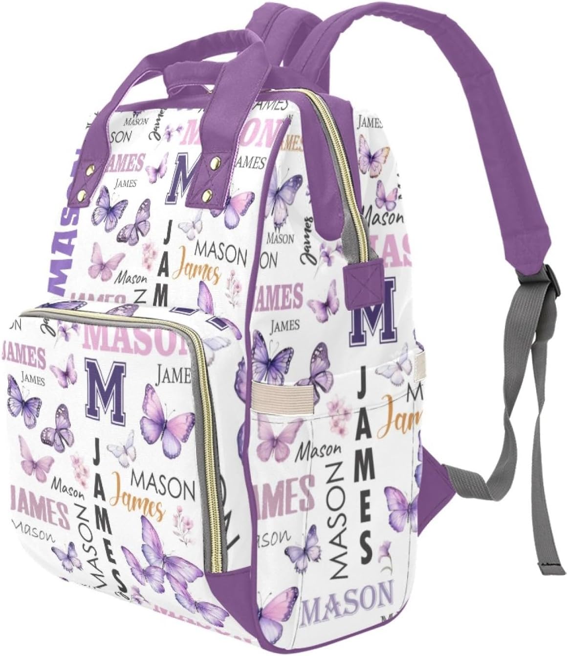 Personalized Diaper Bag Backpack for Women, Custom Name Nursing Mommy Daypack, Diaper Bag for Boys Girls, New Mom Gifts (Butterfly Purple)